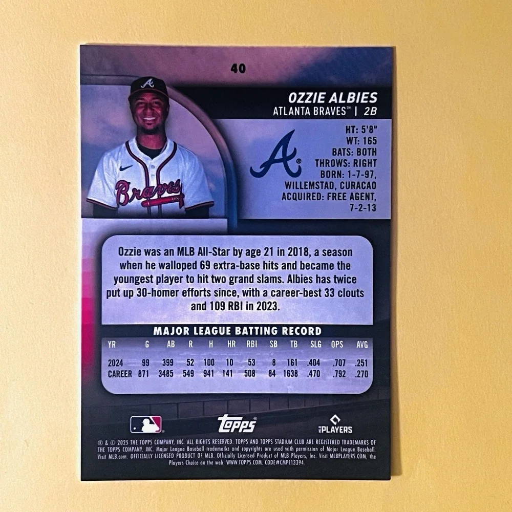 2025‎ Topps Stadium Club Baseball Ozzie Albies #40 Atlanta Braves